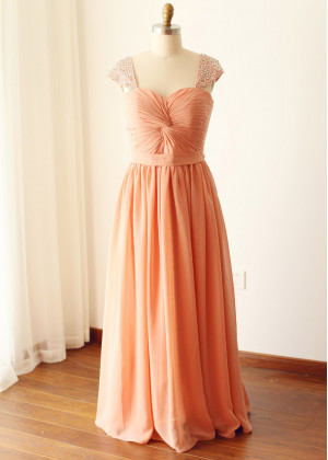 Beaded Cap Sleeves Twisted Knot Front Chiffon Bridesmaid Dress